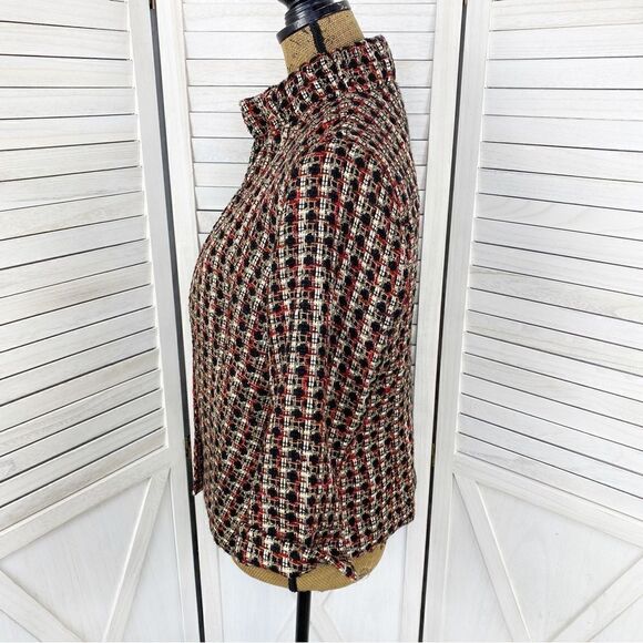 Chicos Tweed Metallic High Neck Open Front Blazer Jacket Red Black Gold Medium - Picture 2 of 14